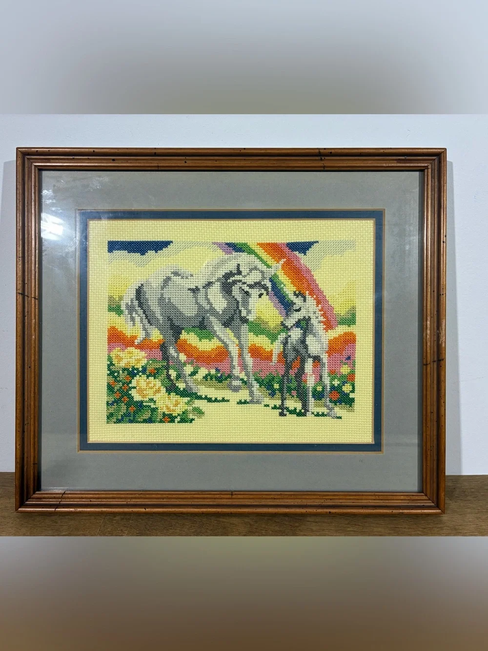 Vintage Handmade 1985 Unicorn Needlepoint Cottagecore Framed Art